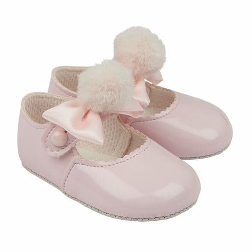Baby Girls Ribbon Bow & Pom Patent Pram Shoes "B066 Pink"