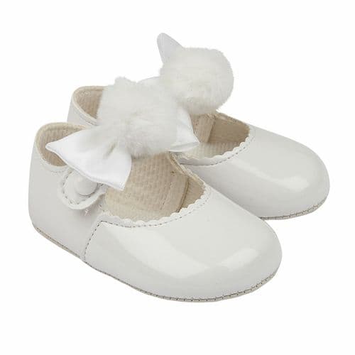 Baby Girls Ribbon Bow & Pom Patent Pram Shoes "B066 White"