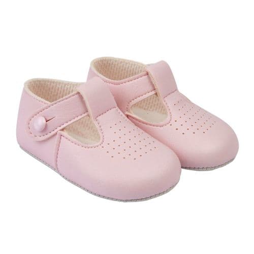 Baby Girls T-Bar & Punch Detail Patent Pram Shoes "B625 Pink"
