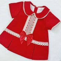 Baby Red Velour A Line Dress with Knickers Cream Lace 