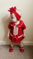 Baby Red Velour A Line Dress with Knickers Cream Lace 