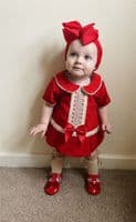 Baby Red Velour A Line Dress with Knickers Cream Lace 