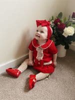 Baby Red Velour A Line Dress with Knickers Cream Lace 