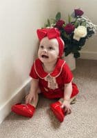 Baby Red Velour A Line Dress with Knickers Cream Lace 