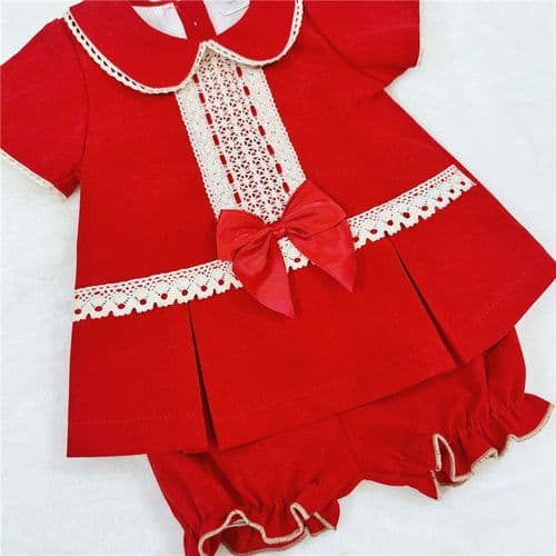 Baby Red Velour A Line Dress with Knickers Cream Lace "2163"