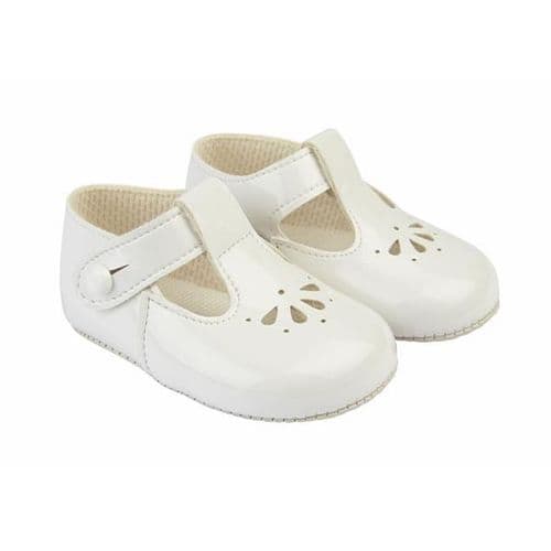 Baby's T-Bar Patent Pram Shoes with Holes "B617 White"