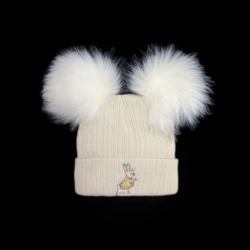 Baby Unisex Beige Double Faux Fur Pom Hat Bunny Embroidery