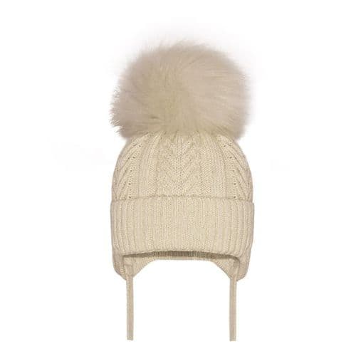 Baby Unisex Big Faux Fur Pom Hat with Ear Flat and Tie "AY351 Beige"