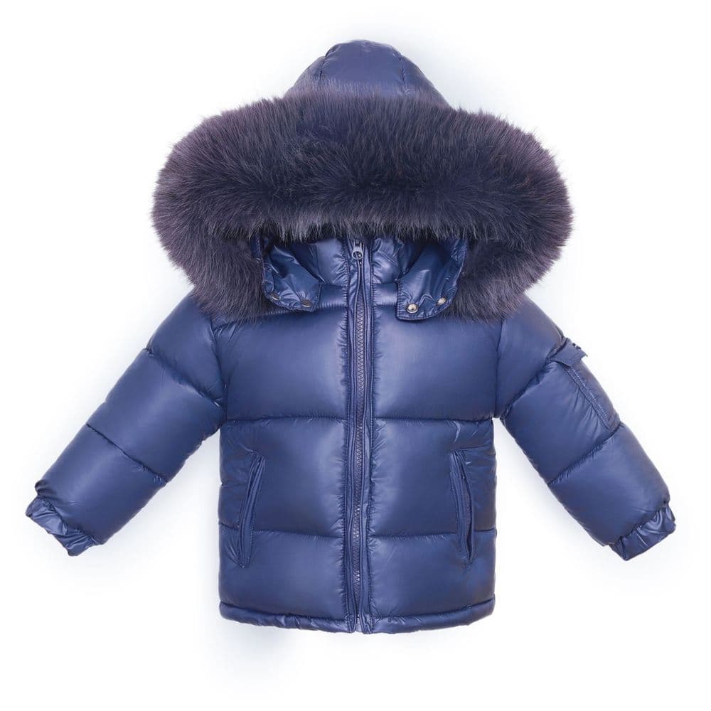 Baby Unisex Navy Puffer Coat with Faux Fur Hood "MYD409N"
