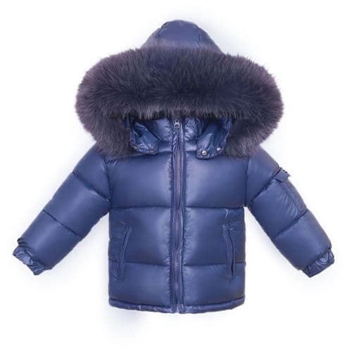 Baby Unisex Navy Puffer Coat with Faux Fur Hood "MYD409N"