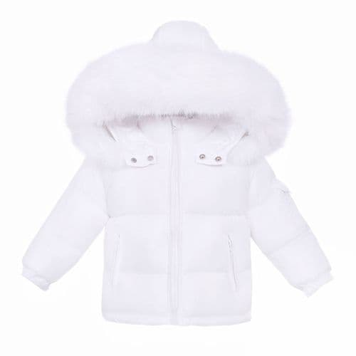 Baby Unisex White Puffer Coat with Faux Fur Hood "MYD409W"