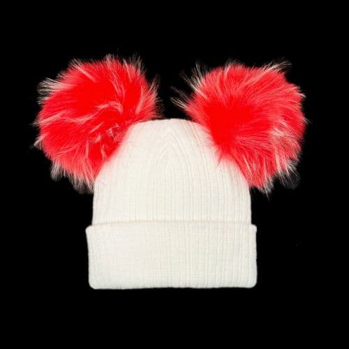 Baby Unisex White with Red Mega Double Pom Hat Faux Fur