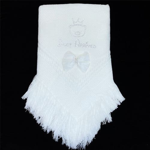 Baby White Soft Shawl with Diamante Pattern Detached Bow "White Just Arrived"