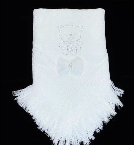 Baby White Soft Shawl with Diamante Pattern Detached Bow "White Teddy"
