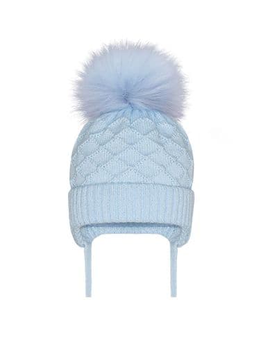 Blue Large Pom Diamond Knit Tie Hat "AX321 Blue"