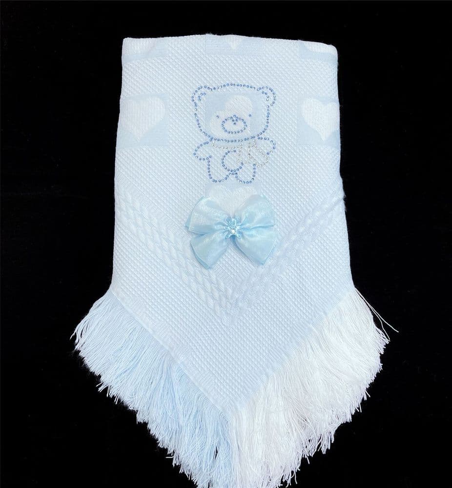 Blue Soft Shawl with Diamante Pattern Detached Bow "Blue Teddy"