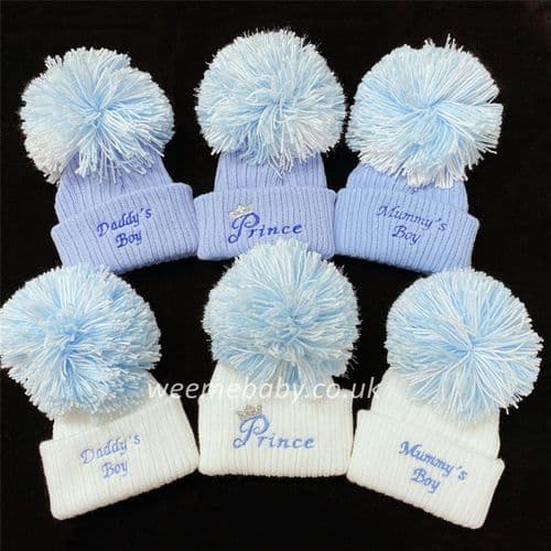 First Size Baby Boy Knitted Pom Hat with Embroidery