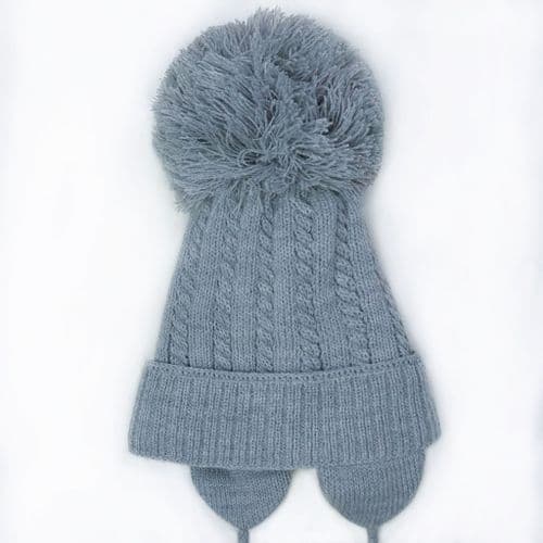 Grey Big Pom Cable Knit Hat with Tie and Ear Flap "KH010 Grey"