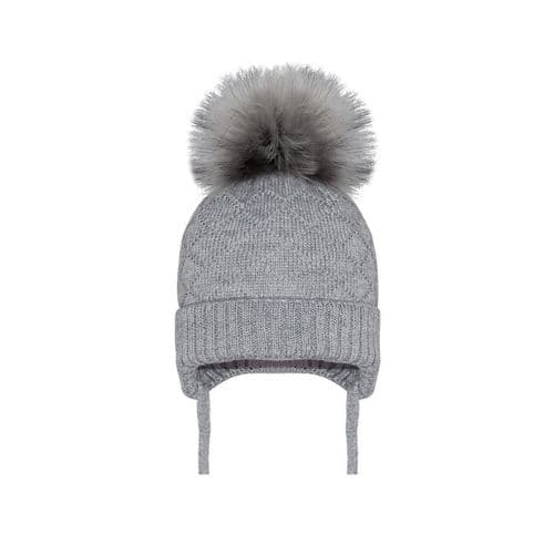 Grey Large Pom Diamond Knit Tie Hat "AX321 Grey"
