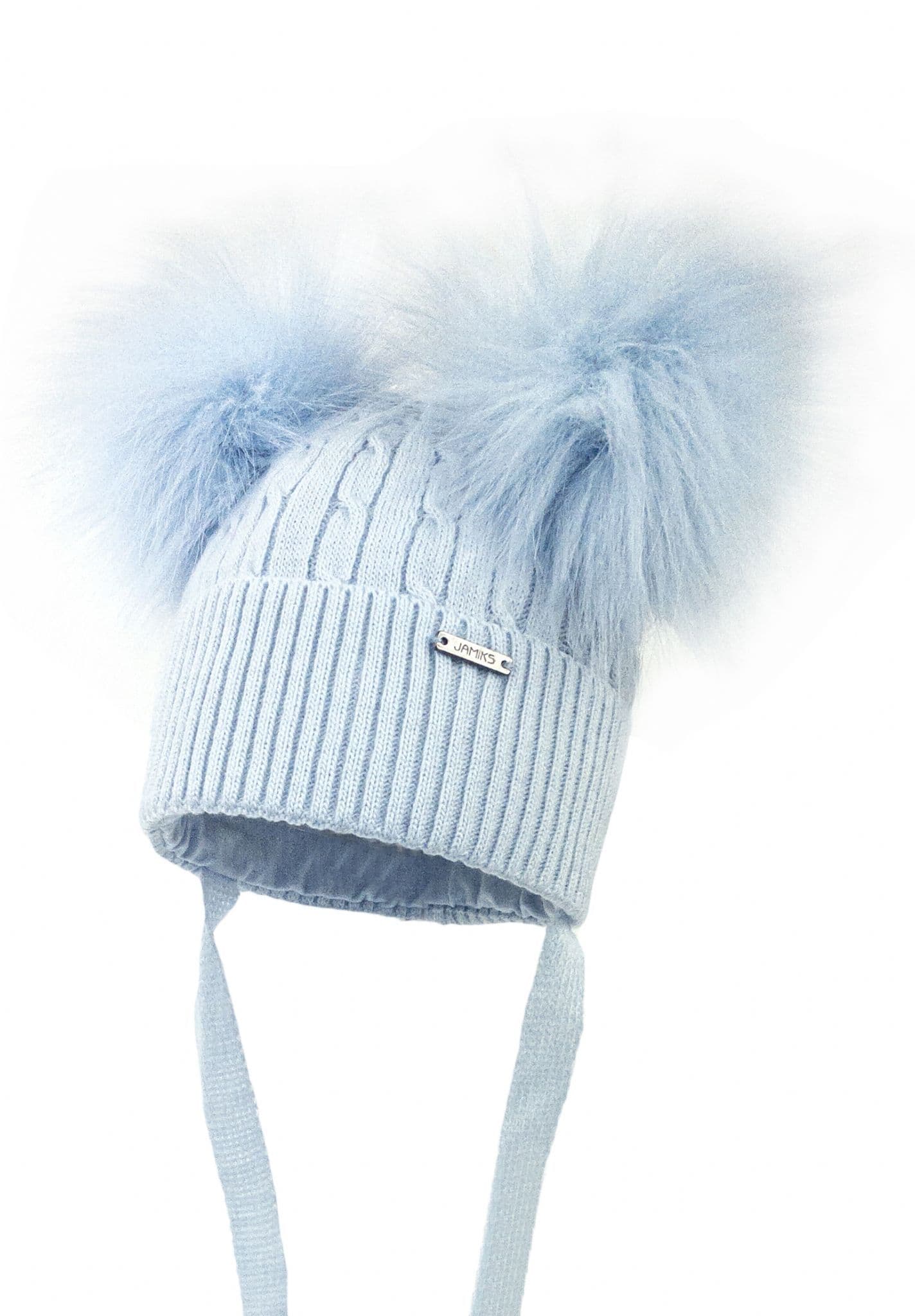 Jamiks Kids Baby Boy Blue Knitted Hat with Double Fur Pom 