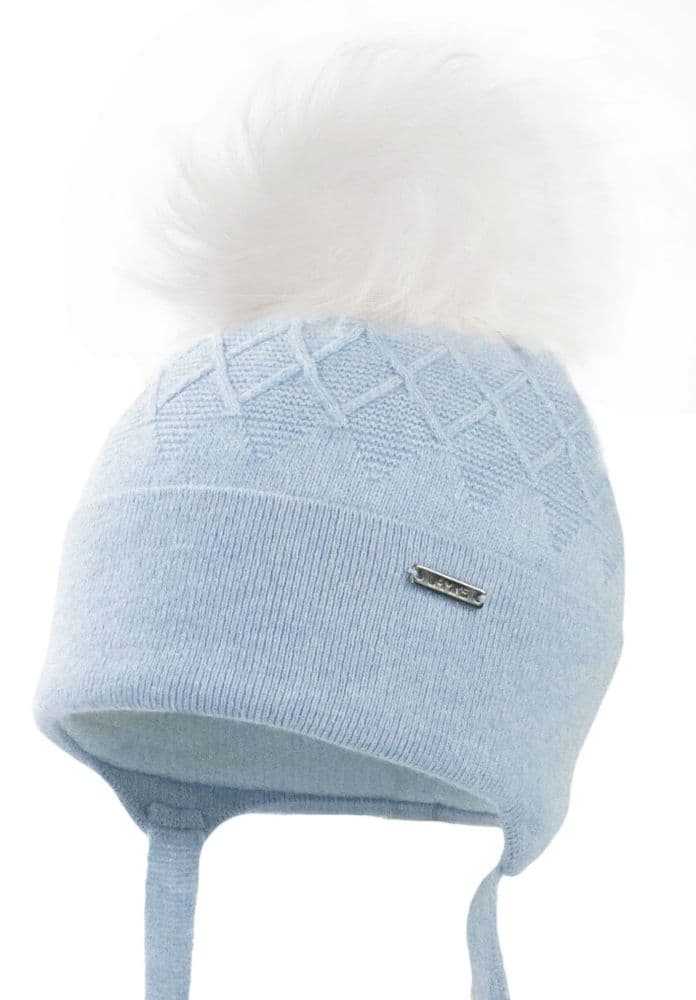 Jamiks Kids Baby Boy Blue Square Knit Wool Hat with Fur Pom "LENOR"