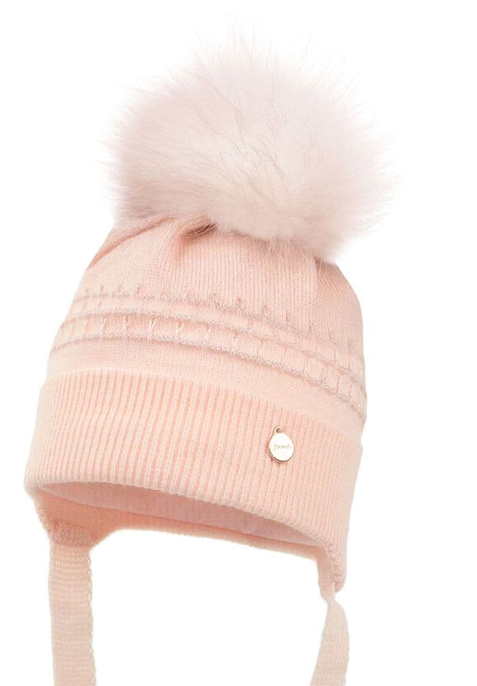 Jamiks Kids Baby Girl Light Pink Knitted Hat with Fur Pom "AZZA Pink"