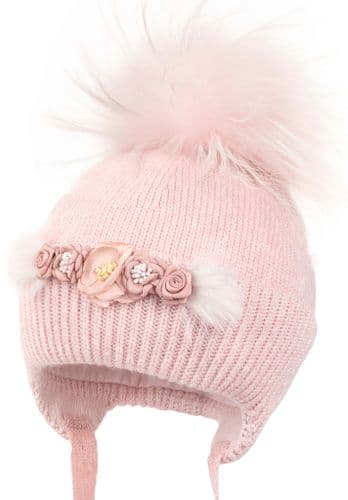 Jamiks Kids Baby Girl Pink Flower Wool Hat with Fur Pom "KAIMANA Pink"