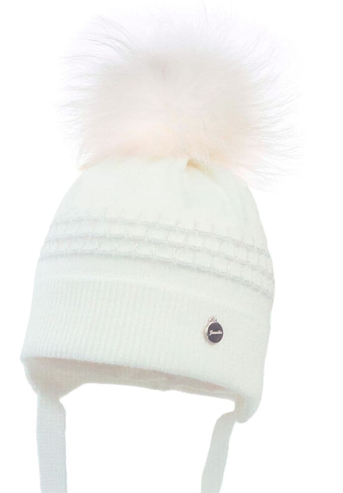 Jamiks Kids Baby Girl White Knitted Hat with Fur Pom "AZZA White"