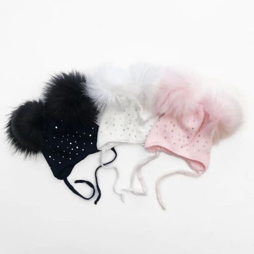 Pink Double Fur Pom Hat with Tie and Diamantes - Double Thickness