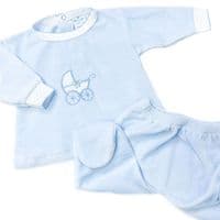 SARDON Baby Boy Blue Cotton Velour Carriage Pram Suit 2 Piece