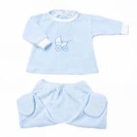 SARDON Baby Boy Blue Cotton Velour Carriage Pram Suit 2 Piece