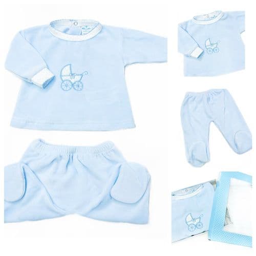 SARDON Baby Boy Blue Cotton Velour Carriage Pram Suit 2 Piece