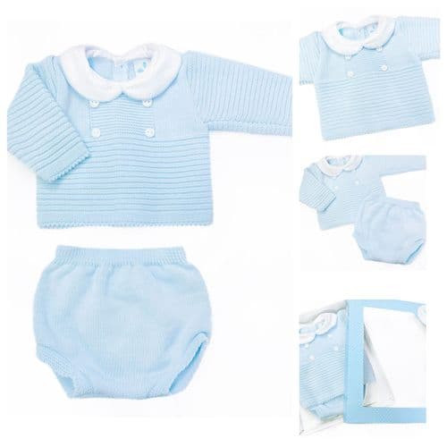 SARDON Baby Boy Blue Knitted Button Pram Suit with Pants