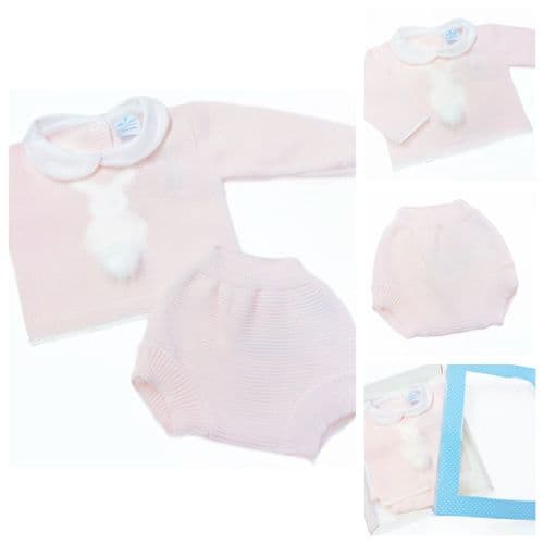 SARDON Baby Girl Pink Knitted Bunny Pom Romper Set