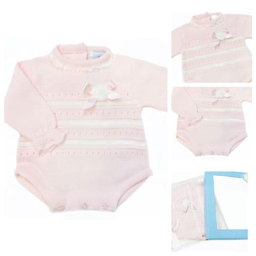 SARDON Baby Girl Pink Knitted Pom Pram Romper