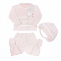 SARDON Baby Girl Pink Knitted Pom Pram Suit with Bonnet