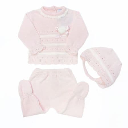 SARDON Baby Girl Pink Knitted Pom Pram Suit with Bonnet