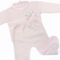SARDON Baby Girl Pink Knitted Pom Pram Suit with Bonnet