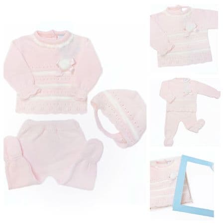 SARDON Baby Girl Pink Knitted Pom Pram Suit with Bonnet