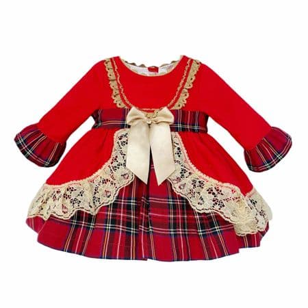Wee Me Baby Girl Red Tartan Puff Ball Dress Gold Trim 