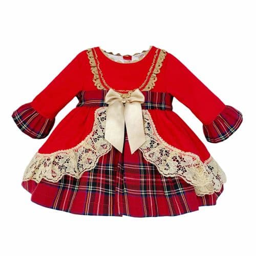 Wee Me Baby Girl Red Tartan Puff Ball Dress Gold Trim "2538"