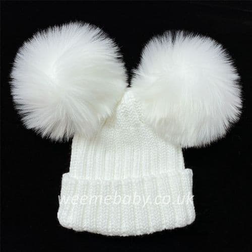 White Double Mega Faux Fur Pom Hat Ribbed Knit "4791 APL2 White"