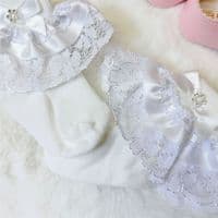 White Frilly Socks with Diamante Buckle Bow