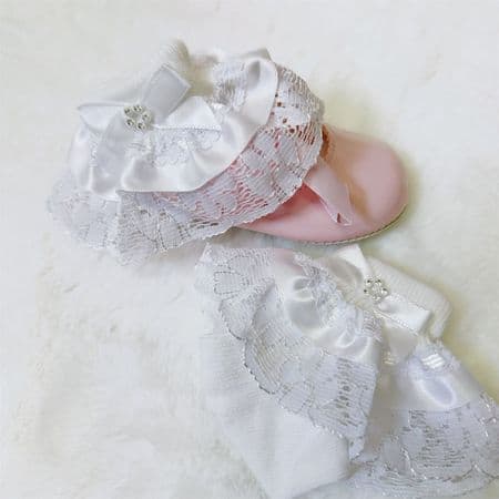 White Frilly Socks with Diamante Buckle Bow