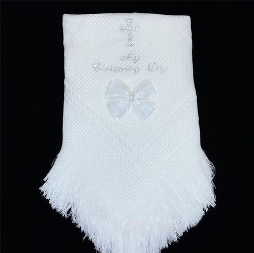 White Soft Shawl with Diamante Pattern Detached Bow "White Christening"