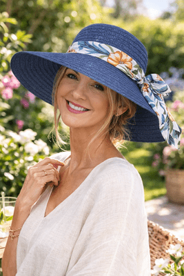 3056 NAVY SUNHAT WITH FLORAL DETAIL BOW