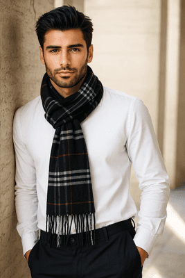 Unisex Tartan Print Wool Feel Scarf STEWART - BLACK