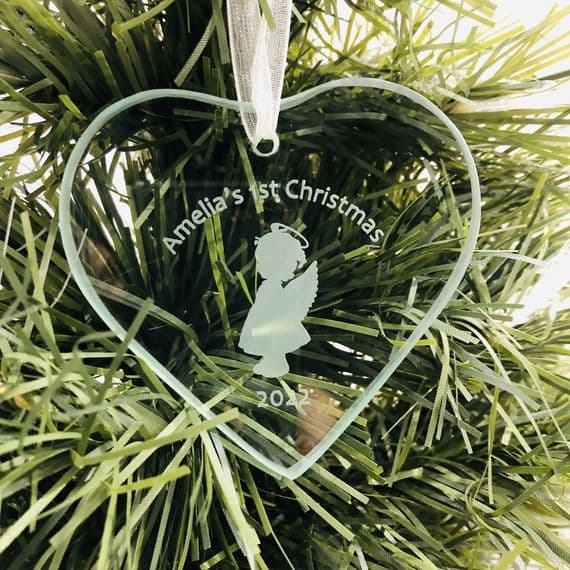 Personalised Glass Heart | Baby Girl's First Christmas | Hanging Tree Decoration