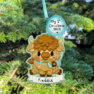 Baby Highland Cow Blue Personalised Christmas Tree Decoration