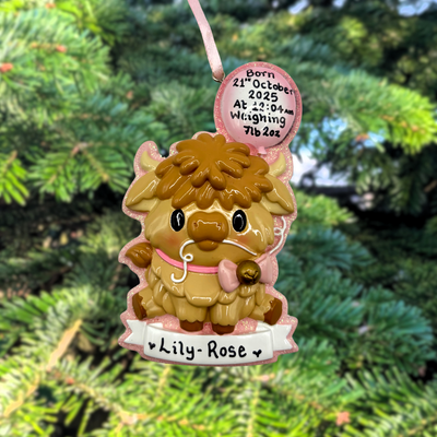 Baby Highland Cow Pink Personalised Christmas Tree Decoration
